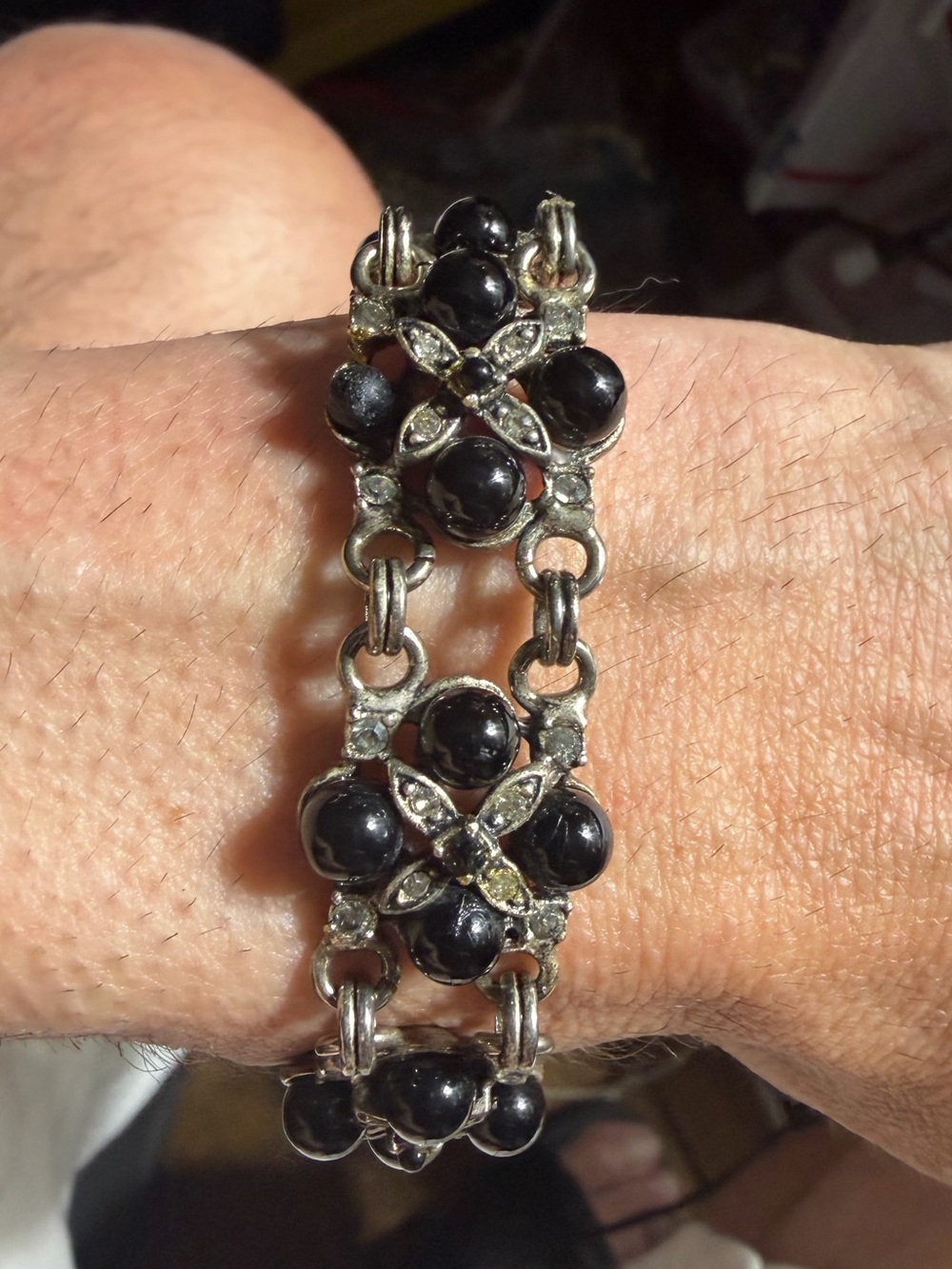 Vintage R. J. Gratiano Silver Tone Black Beaded Floral Link Bracelet